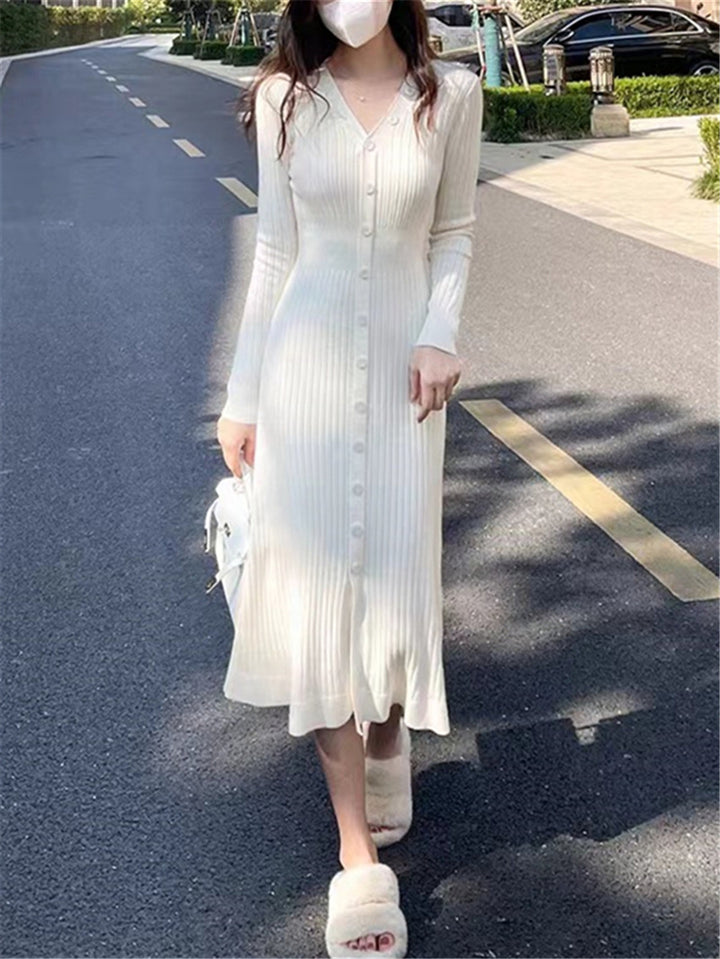 Damen lässiges Midi-Kleid aus feinem Rippstrick mit Knopfleiste Drune