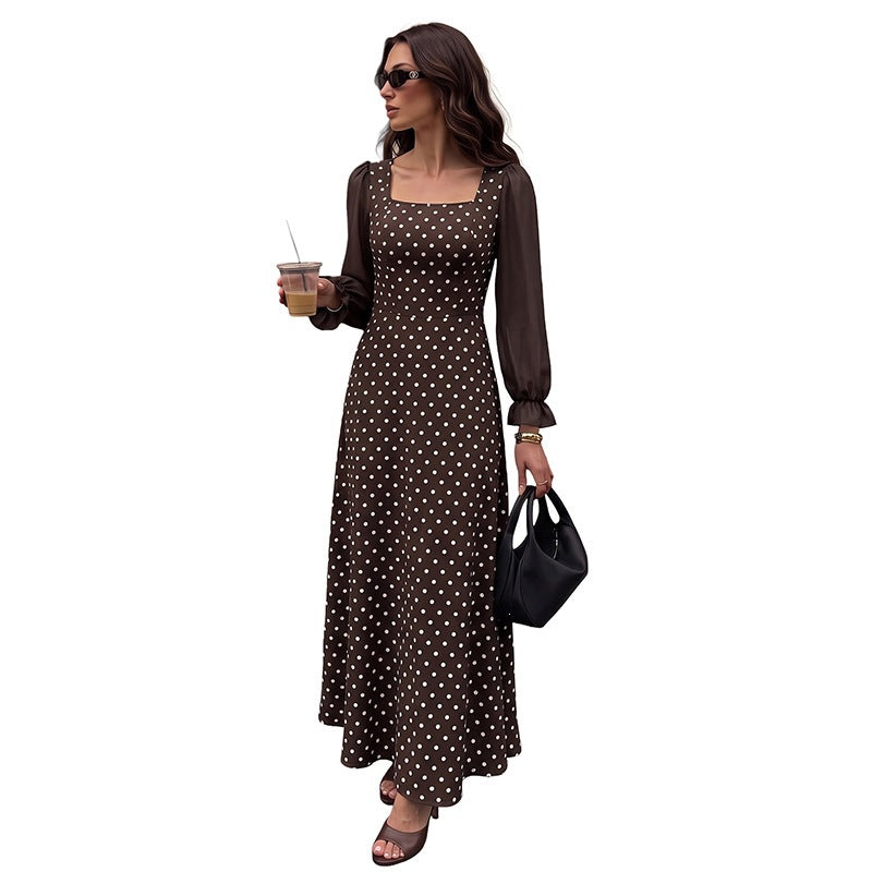 Damen Langes Maxikleid mit Puffärmeln und Punkten Drune