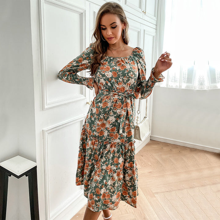 Damen Midikleid mit quadratischem Ausschnitt, Puffärmeln und Taillenschnürung Drune