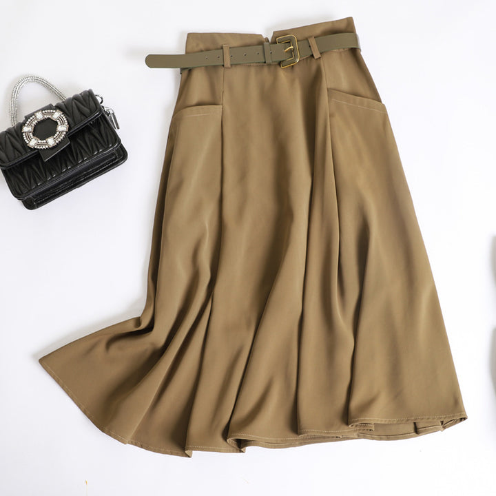 Damen nan taillenhoher ausgestellter Midirock mit breitem Ziergürtel, seitlichen Eingrifftaschen und fließendem Tellerfall Drune