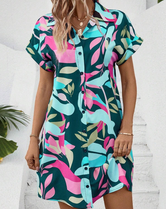 Damen Lockeres Hemdblusenkleid mit Knopfleiste, Reverskragen und floralem Print Drune