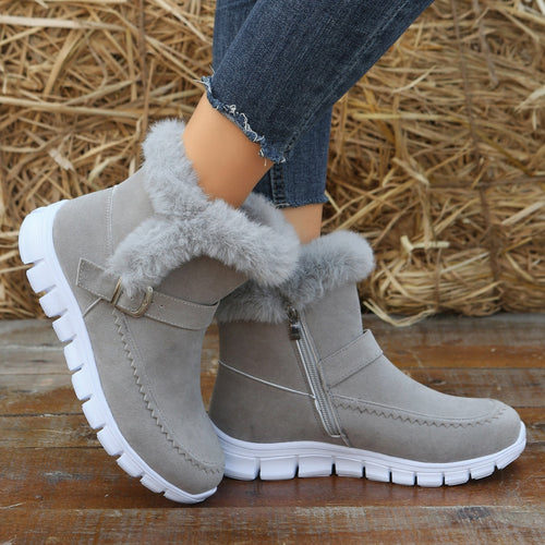 Damen nan gefütterte Kurzstiefel mit Kunstfellbesatz, Velourslederoptik, seitlichem Reißverschluss, dekorativer Metallschnalle und profilierter Lightweight-Sohle Drune