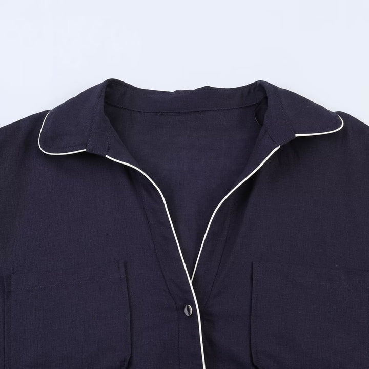 Damen Pyjama-inspirierte Oversize-Hemdbluse mit Kontrastpaspel und Brusttaschen Drune