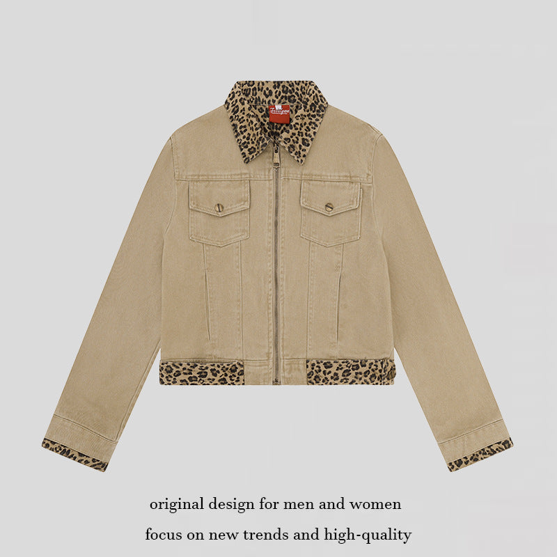 Damen Kurz geschnittene Denim-Truckerjacke mit Leoparden-Kontrastkragen und Umschlagbündchen Drune