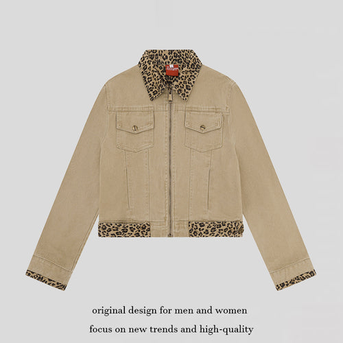 Damen Kurz geschnittene Denim-Truckerjacke mit Leoparden-Kontrastkragen und Umschlagbündchen Drune