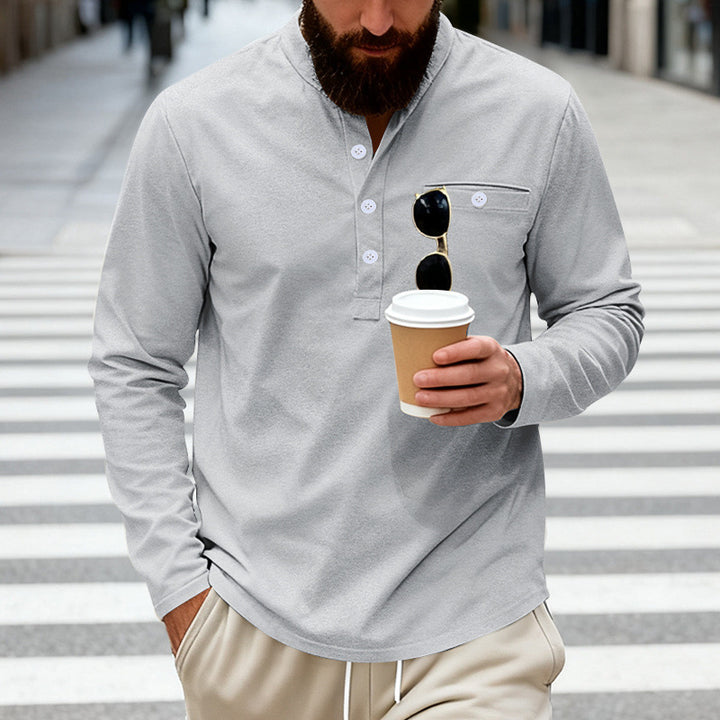 Herren nan lässiges Langarm-Henleyshirt aus Baumwollmischung mit Brusttasche Drune