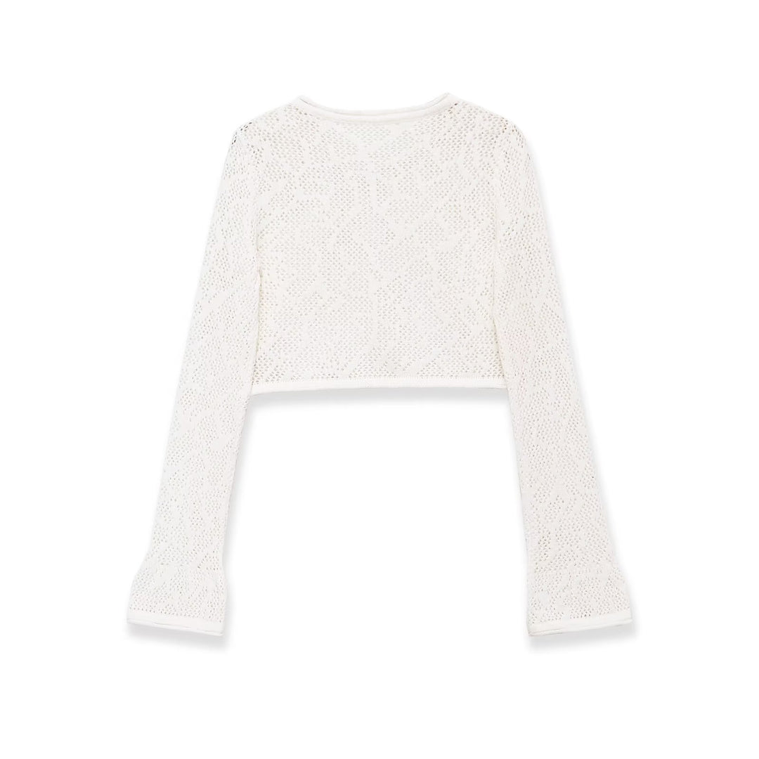 Damen gehäkeltes Cropped-Strickoberteil mit Trompetenärmeln Drune