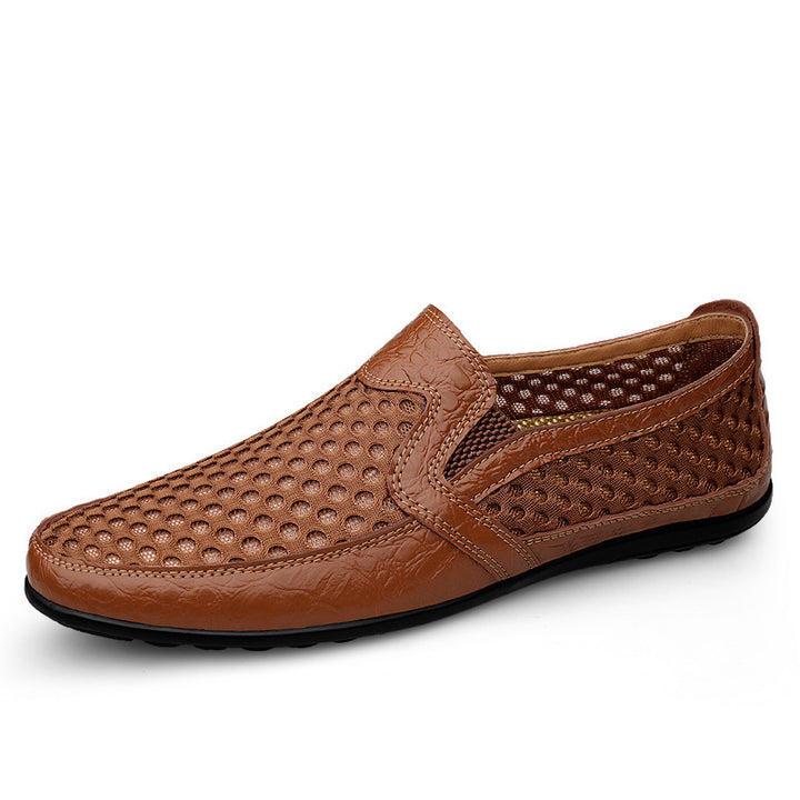 Herren Atmungsaktiver Lochleder-Slipper im Mokassin-Stil mit flexibler Gummisohle Drune