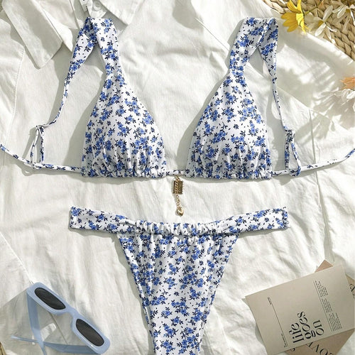 Damen Triangel-Bikini mit floralen Mustern und verstellbaren Trägern Drune
