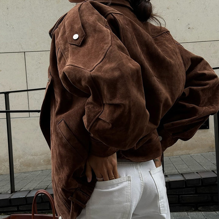 Damen Kunstlederjacke mit modernem Stehkragen und praktischen Reißverschlusstaschen Drune