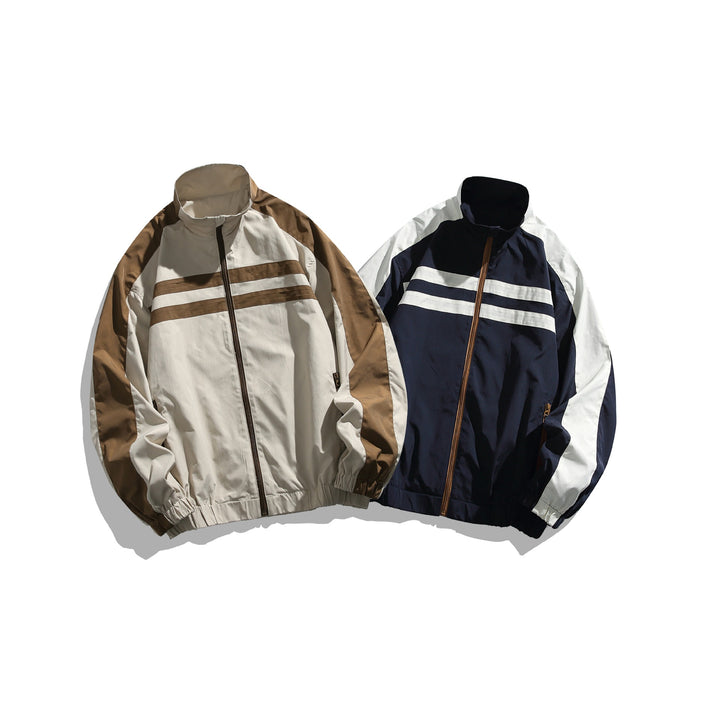 Unisex Sportive Trackjacke im Retro‑Windbreaker‑Design mit Stehkragen und Kontraststreifen Drune