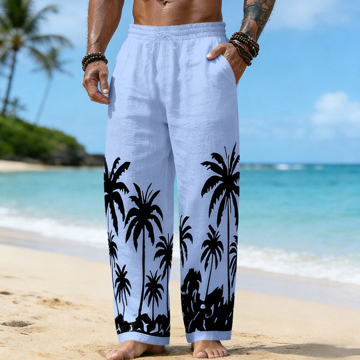 Herren Lässige weite Leinenhose mit elastischem Bund und tonalem Palmenprint Drune