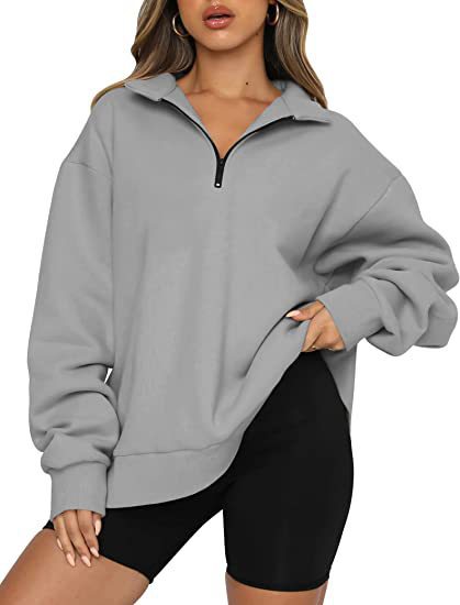Damen modischer Oversized Pullover mit kurzem Reißverschluss und lässigen Ärmeln Drune