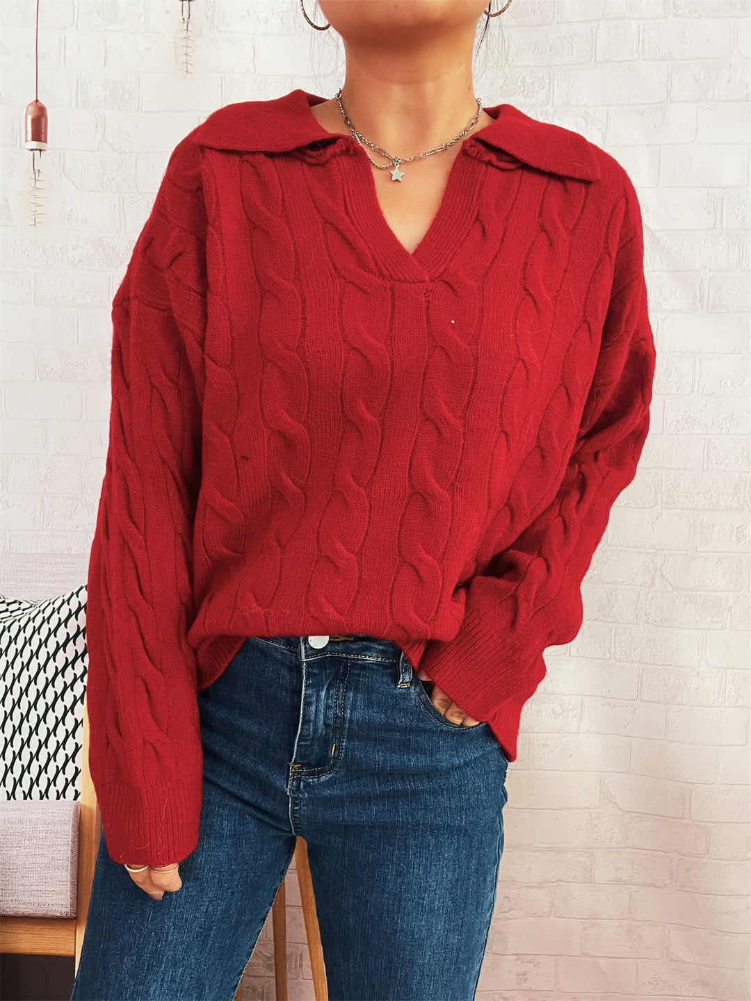 Damen Grobstrickpullover mit farbenfrohem Zopfdesign und klassischem Kragen Drune