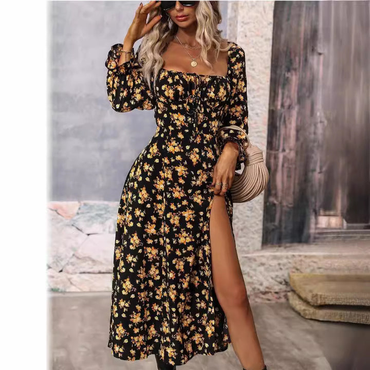 Damen Maxikleid mit tiefem Schlitz und floralem Design Drune