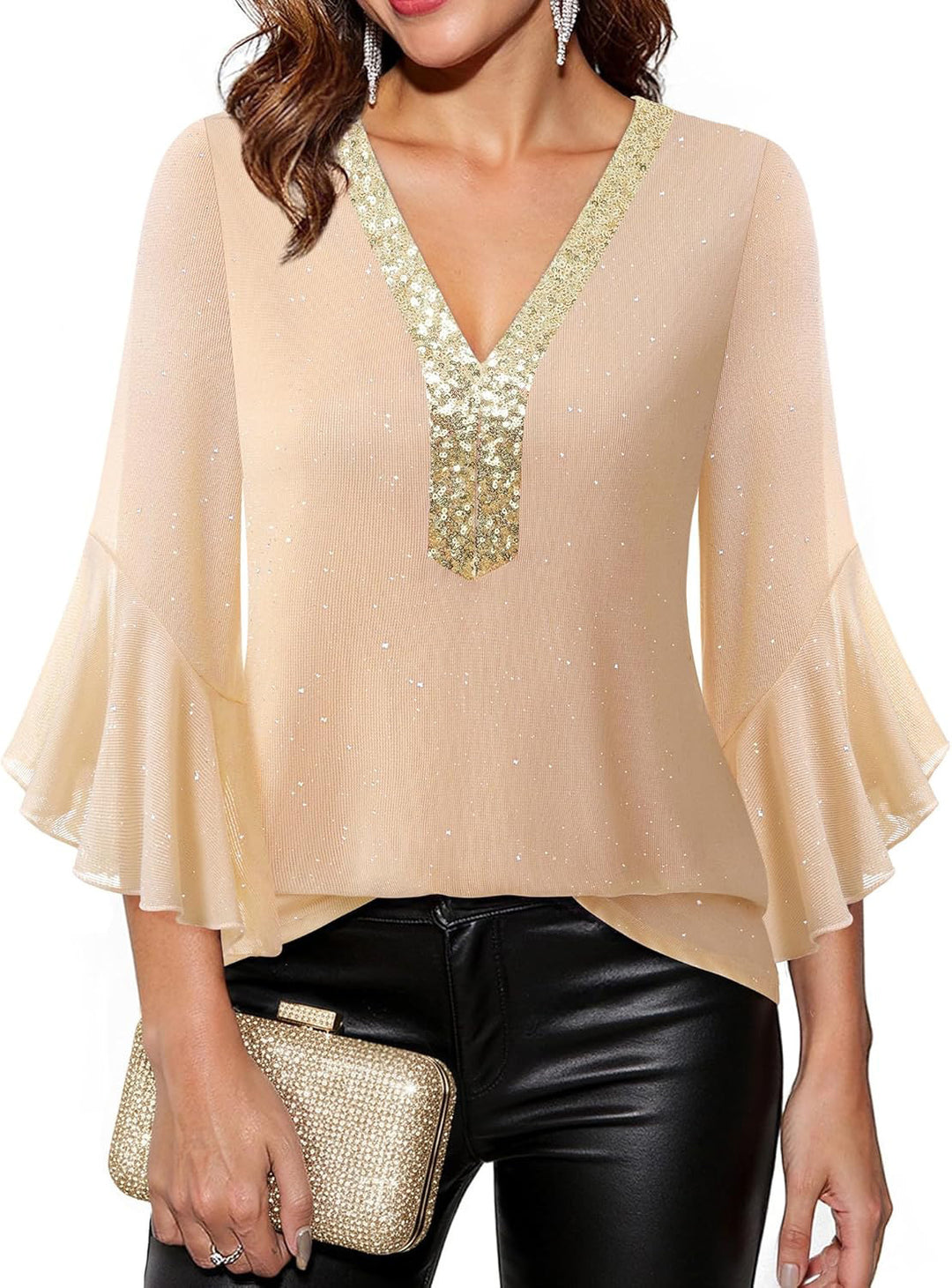 Damen Festliche Mesh-Bluse mit V-Ausschnitt, Paillettenbesatz und Volantärmeln Drune
