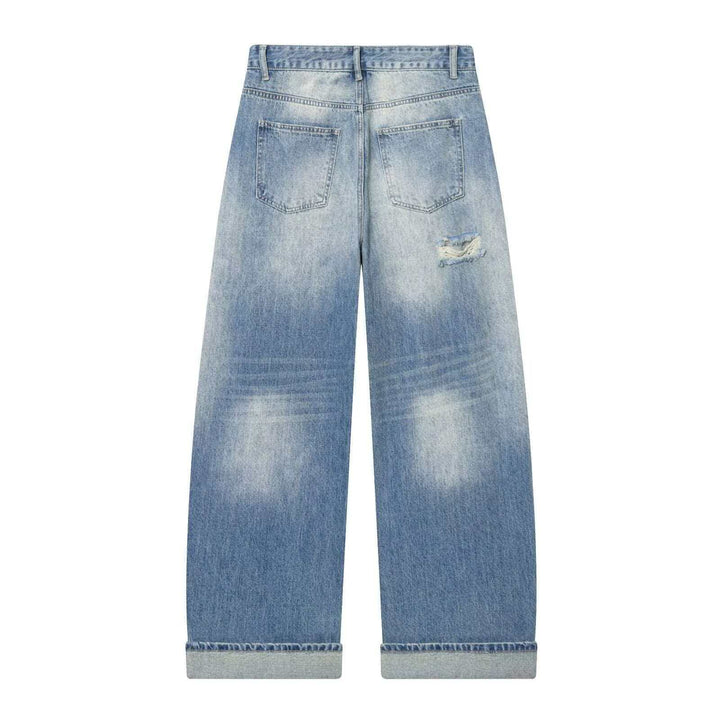 Damen nan weite High‑Waist Ripped Jeans mit Straight‑Leg, aufgekrempeltem Saum und klassischen Taschen Drune