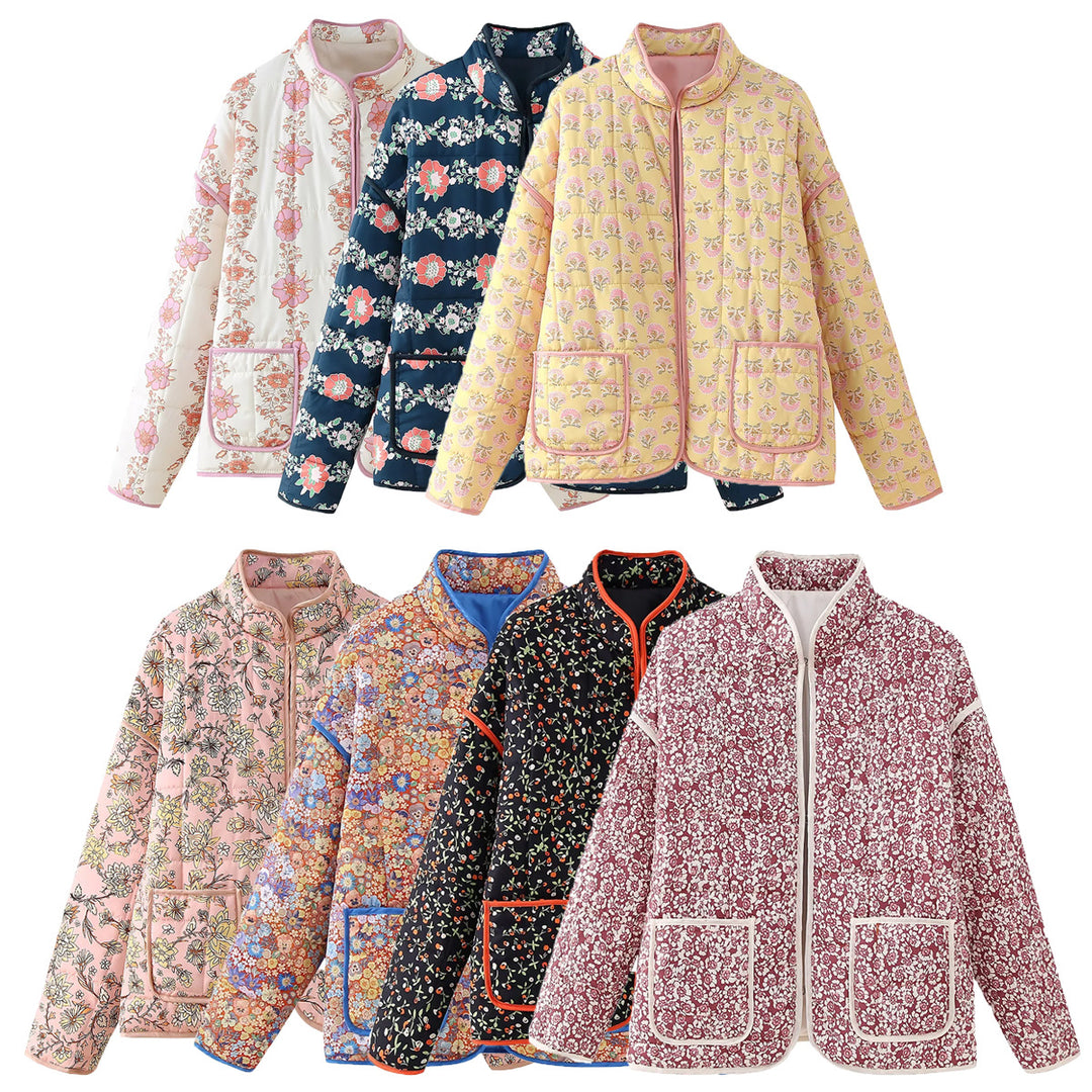 Damen nan gesteppte Blumenjacke mit Stehkragen Reißverschluss und aufgesetzten Taschen Drune