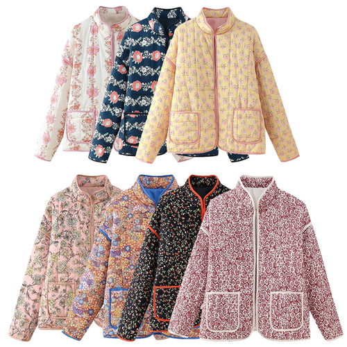 Damen nan gesteppte Blumenjacke mit Stehkragen Reißverschluss und aufgesetzten Taschen Drune