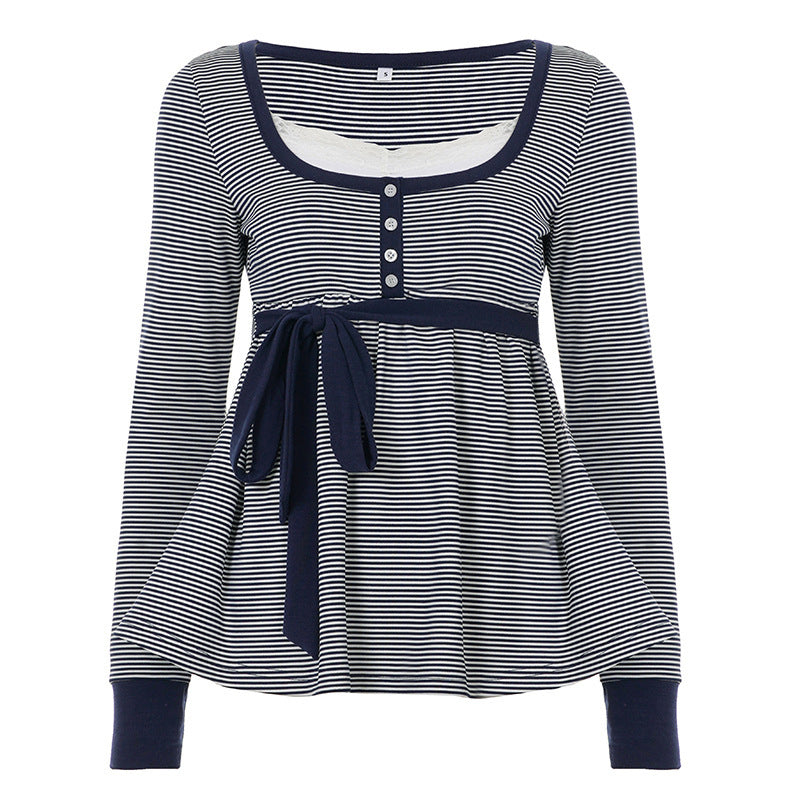 Damen Umstands- und Stillbluse mit Empire-Naht, Knopfleiste und Bindegürtel Drune
