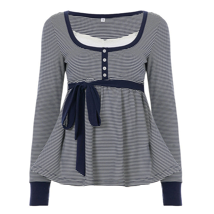 Damen Umstands- und Stillbluse mit Empire-Naht, Knopfleiste und Bindegürtel Drune
