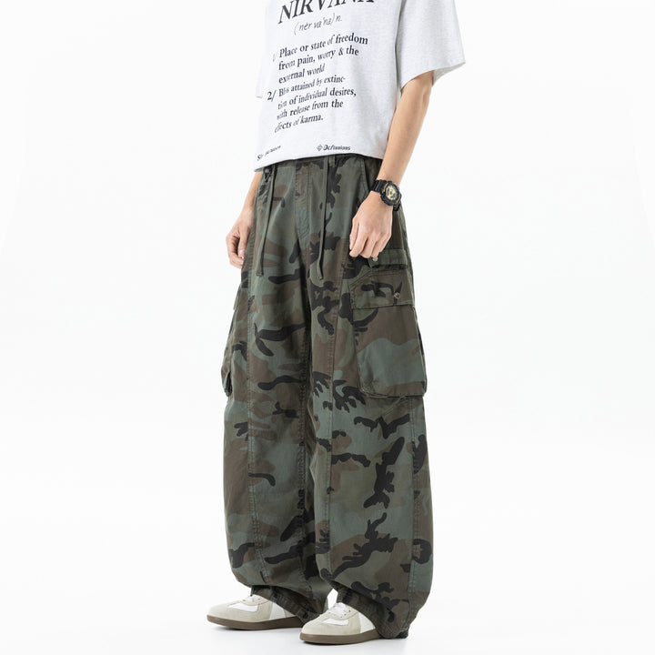 Herren Weite Cargohose im Camouflage-Military-Look mit elastischem Tunnelzugbund und Multifunktionstaschen Drune
