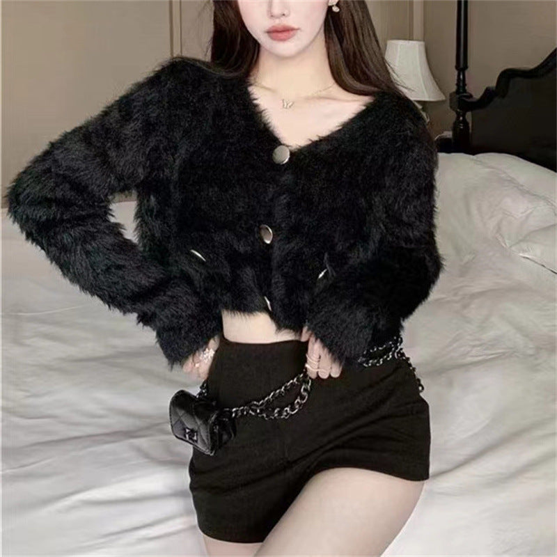 Damen Flauschige Strickjacke mit V-Ausschnitt und dekorativen Knöpfen Drune