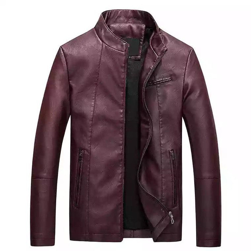 Herren Slim-Fit Kunstlederjacke mit Stehkragen und verdecktem Reißverschluss Drune