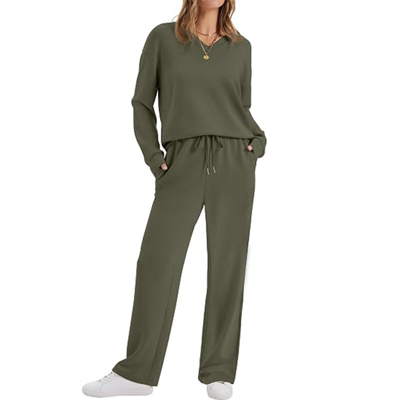Damen Lässiges Lounge-Set mit V-Ausschnitt-Sweatshirt und weiten Tunnelzug-Hosen Drune