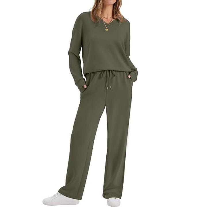 Damen Lässiges Lounge-Set mit V-Ausschnitt-Sweatshirt und weiten Tunnelzug-Hosen Drune