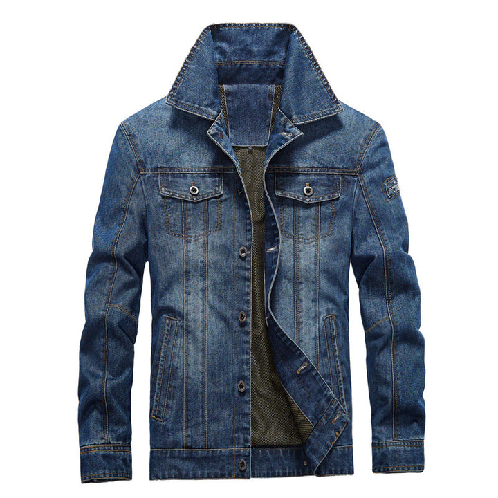 Herren Jeansjacke im Worker‑Look mit Stehkragen, Brustpattentaschen und Ziernähten Drune