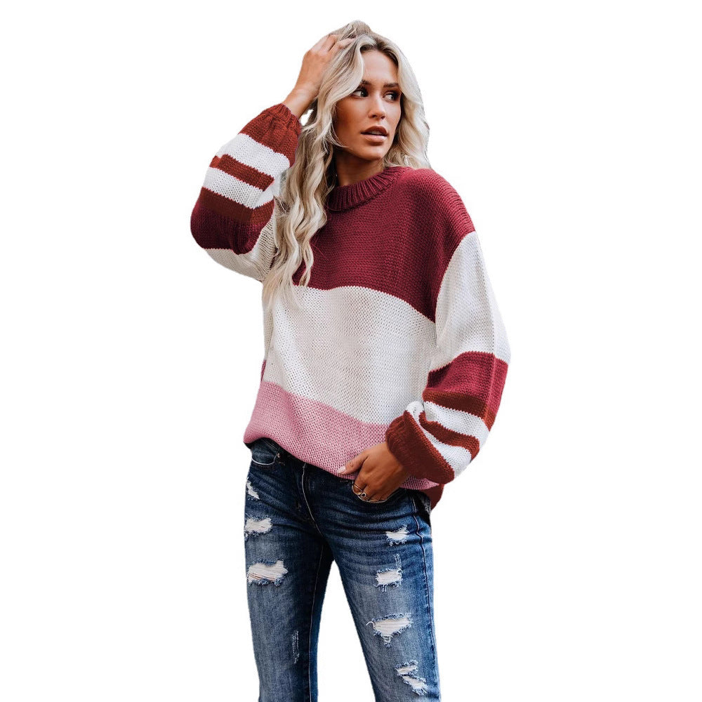 Damen Grobstrick Farbblockpullover mit hohem Rippenkragen und Oversize‑Passform Drune