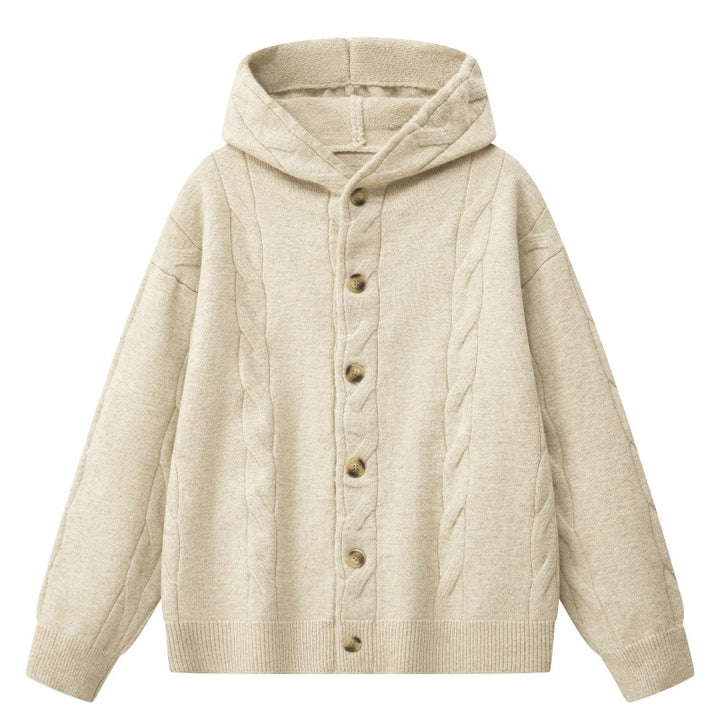 Damen Oversize-Kapuzen-Strickjacke mit Zopfmuster & Knopfleiste Drune