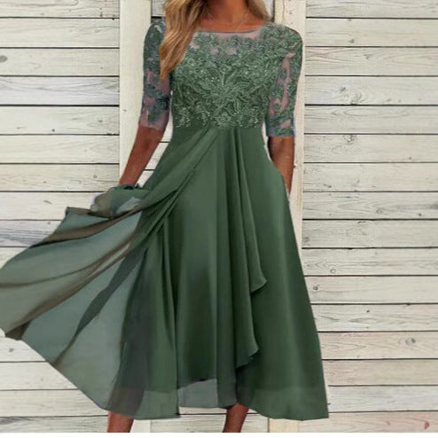 Damen Elegantes Midikleid mit Spitzenärmeln und schwingendem Rock Drune