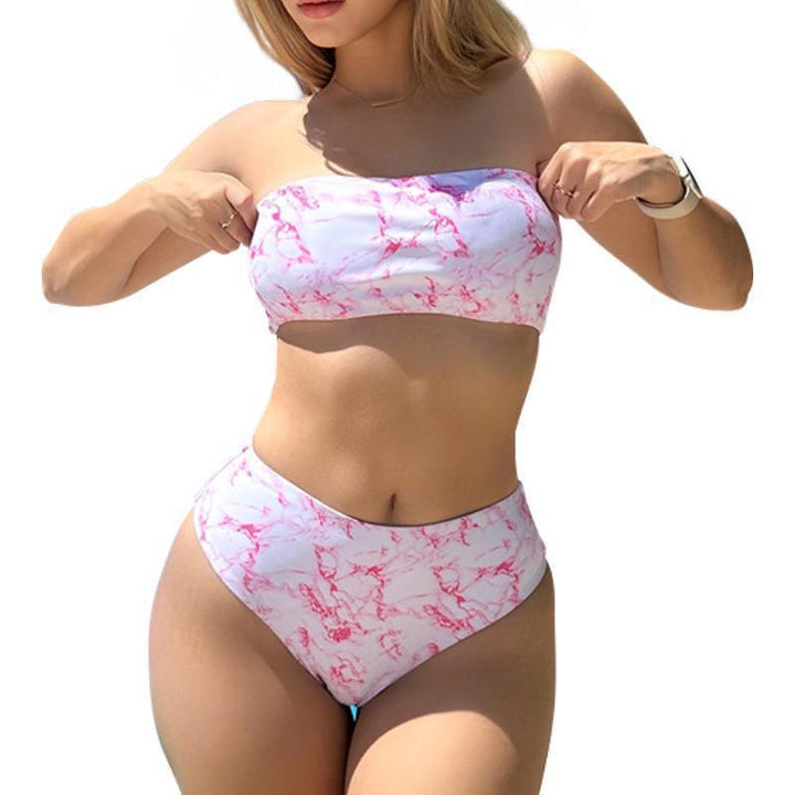 Damen Bandeau-Bikini mit hohem Taillenbund und elegantem Marmor-Design Drune