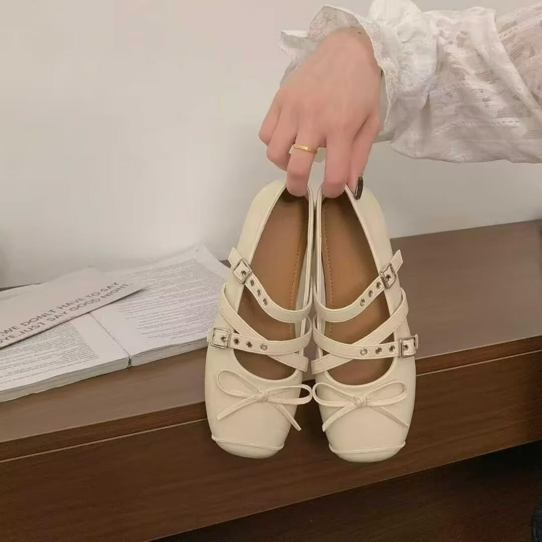 Damen Ballerina-Schuhe mit dekorativen Doppelschnallen und modischen Schleifen Drune