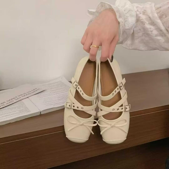 Damen Ballerina-Schuhe mit dekorativen Doppelschnallen und modischen Schleifen Drune