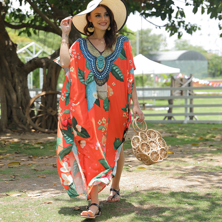 Damen Strandkaftan mit kunstvollem Blumenmuster und dekorativer Perlenverzierung Drune