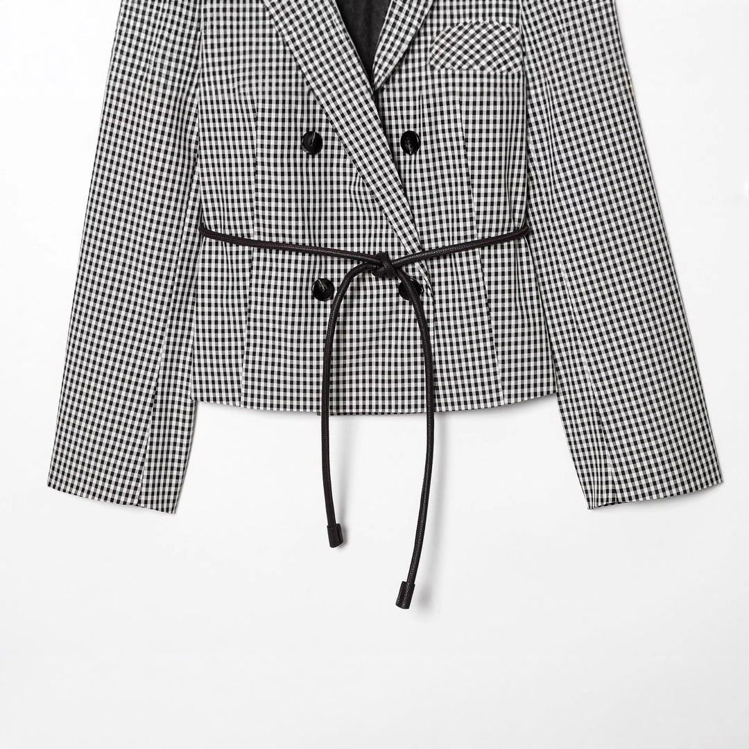 Damen nan taillierter zweireihiger Blazer mit Kordelzug und kariertem Muster Drune