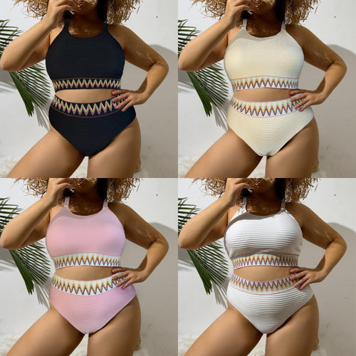 Damen Sportlicher Zweiteiliger Badeanzug mit einzigartigem Cut-Out-Design und buntem Bannermuster Drune