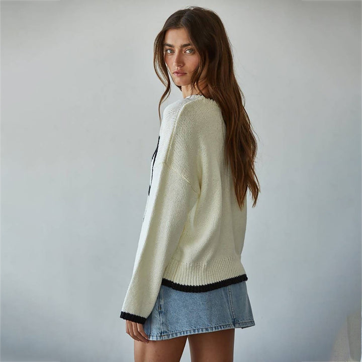 Damen Grobstrick-Pullover mit Rundhalsausschnitt, Kontrastbesatz & Oversized-Silhouette Drune