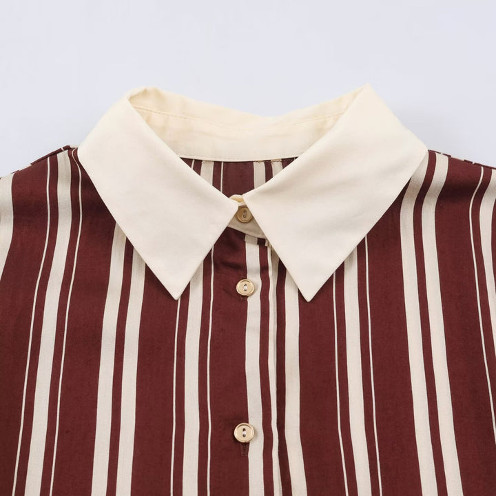 Damen Gestreiftes Hemdblusenkleid mit Kontrastkragen, Dreiviertelärmeln und Taillengürtel Drune