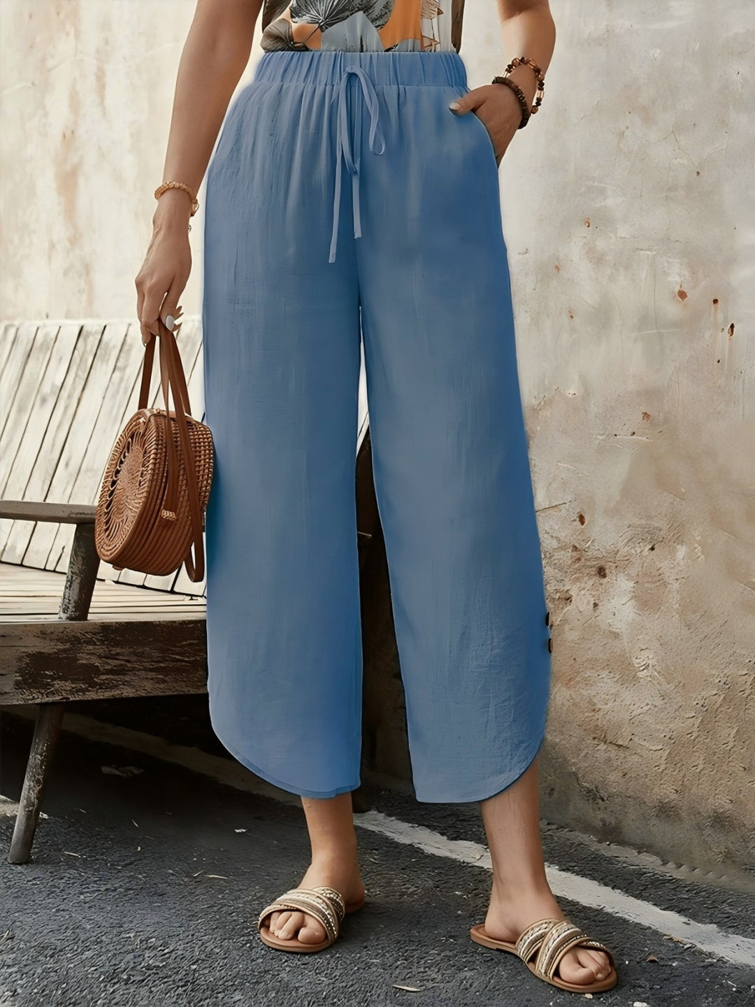 Damen luftige Leinenhose mit elastischem Bund und praktischen Taschen Drune