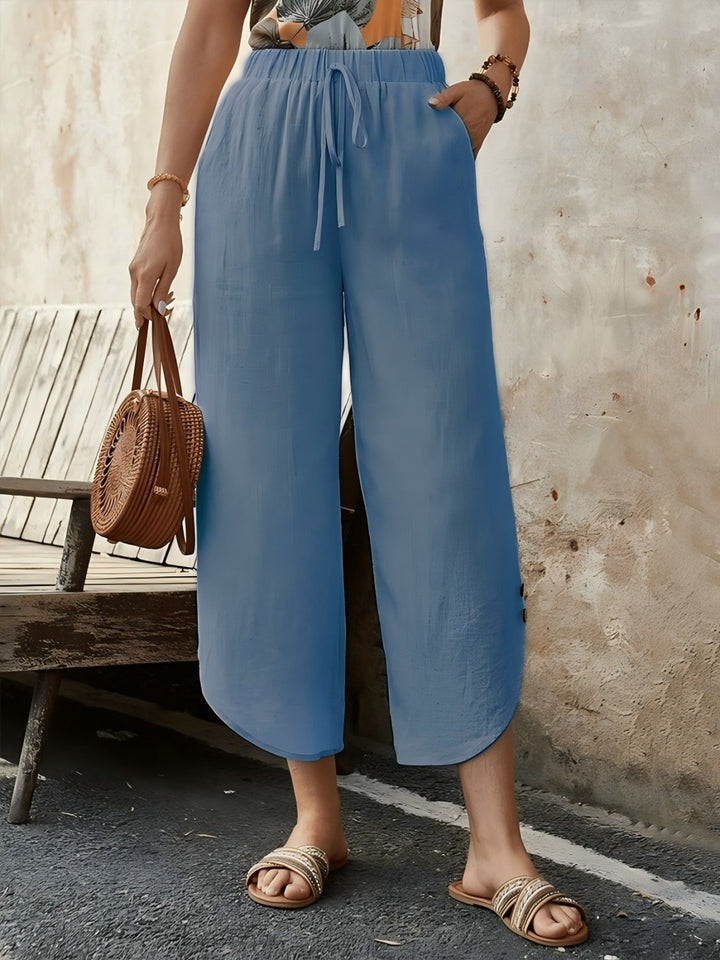 Damen luftige Leinenhose mit elastischem Bund und praktischen Taschen Drune