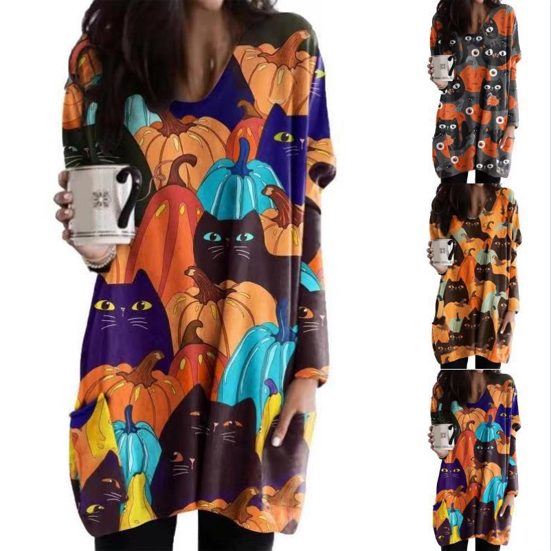 Damen Oversized Grafik Katze und Kürbis Tunika Kleid Drune