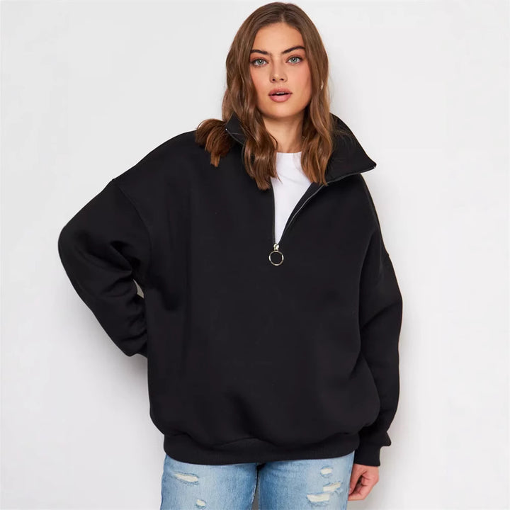 Damen Oversized Halbzip Sweater mit hohem Stehkragen und Rippbündchen Drune