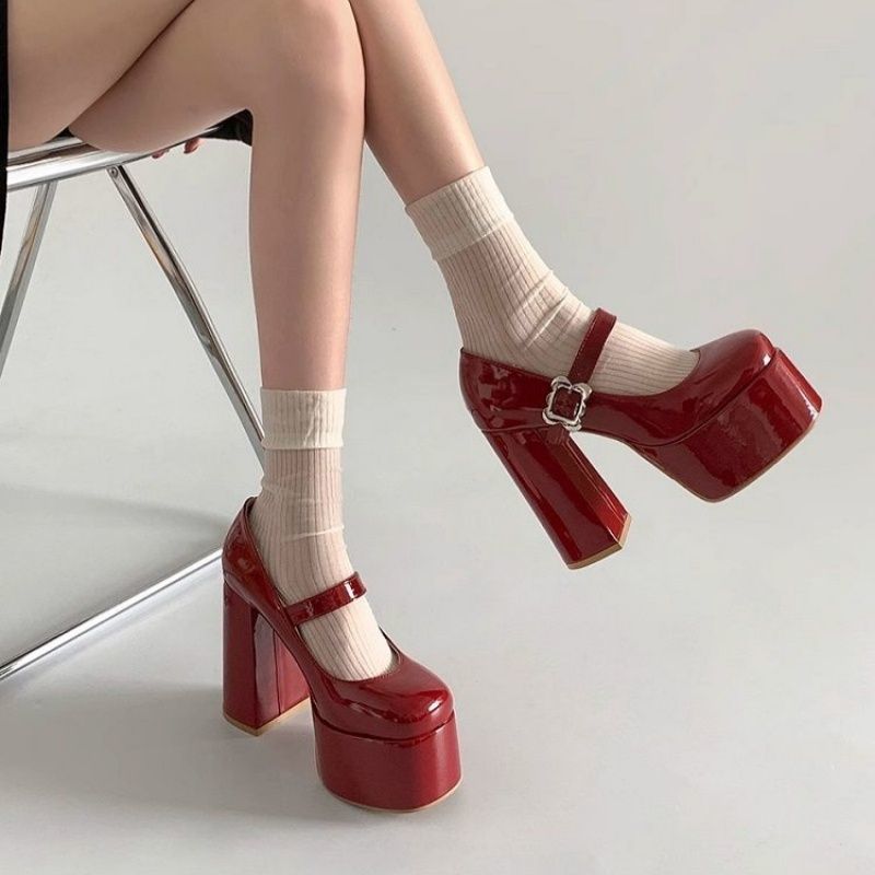 Damen Plateau-Pumps mit Rundschnürung und eleganter Schnalle Drune