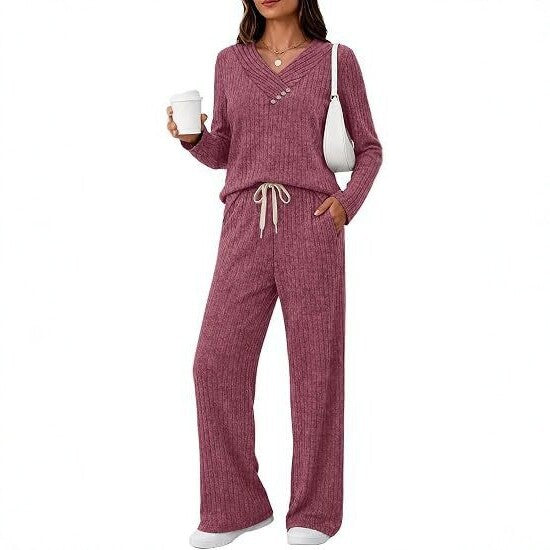Damen Weiches Rippstrick-Lounge-Set mit V-Ausschnitt und Kordelbund Drune