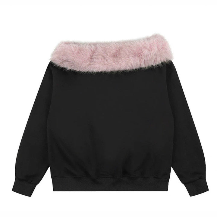 Damen Oversize-Sweatshirt mit Kunstfellkragen, weichem Innenfutter und typografischem Statement-Print Drune
