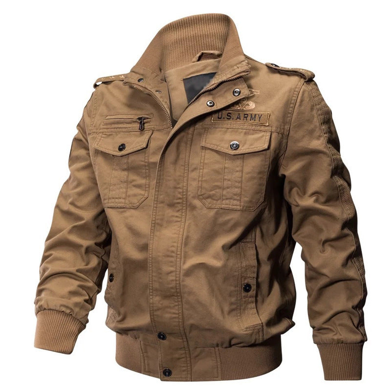 Herren militärisch inspirierte Baumwoll-Canvas-Bomberjacke mit hohem Stehkragen und Brustpattentaschen Drune
